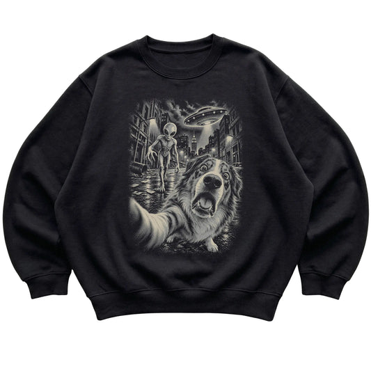 Australian Shepherd Alien Selfie Gildan Crewneck Sweatshirt in Black, flat view