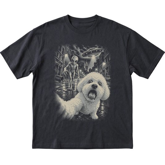 Bichon Frise Alien Selfie Gildan Softstyle T-Shirt in Black, flat view