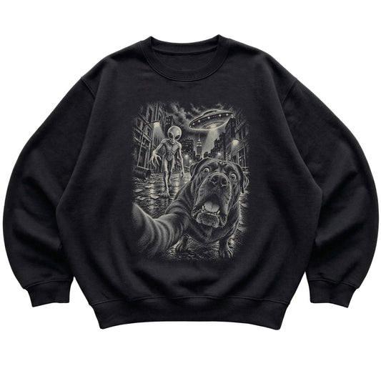 Cane Corso Alien Selfie Gildan Crewneck Sweatshirt in Black, flat view