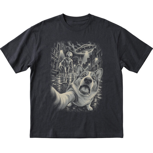 Corgi Alien Selfie Gildan Softstyle T-Shirt in Black, flat view