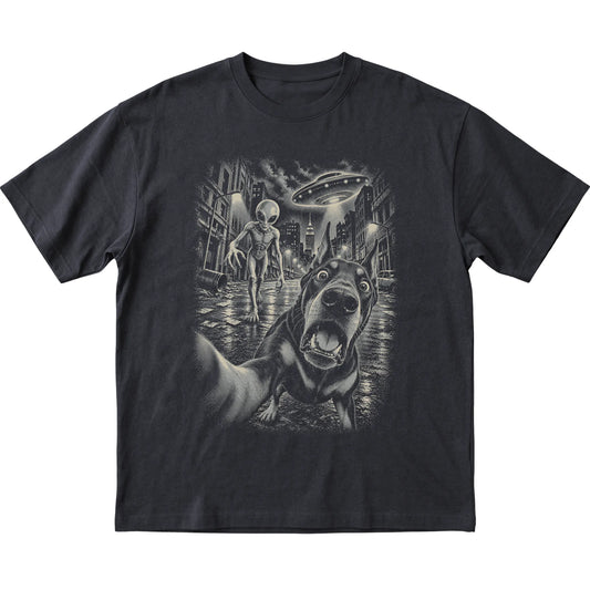 Doberman Alien Selfie Gildan Softstyle T-Shirt in Black, flat view