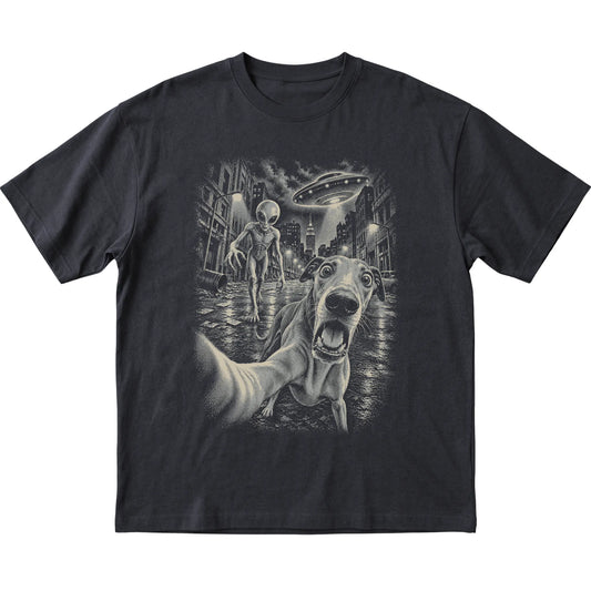 Greyhound Alien Selfie Gildan Softstyle T-Shirt in Black, flat view