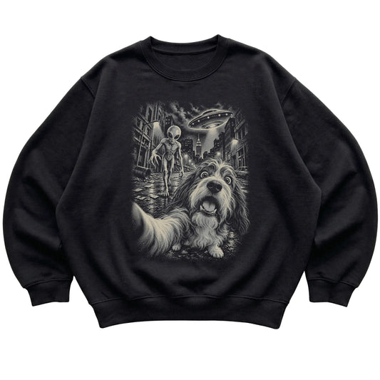 Havanese Alien Selfie Gildan Crewneck Sweatshirt in Black, flat view