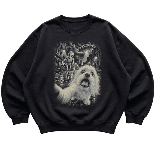 Maltese Alien Selfie Gildan Crewneck Sweatshirt in Black, flat view