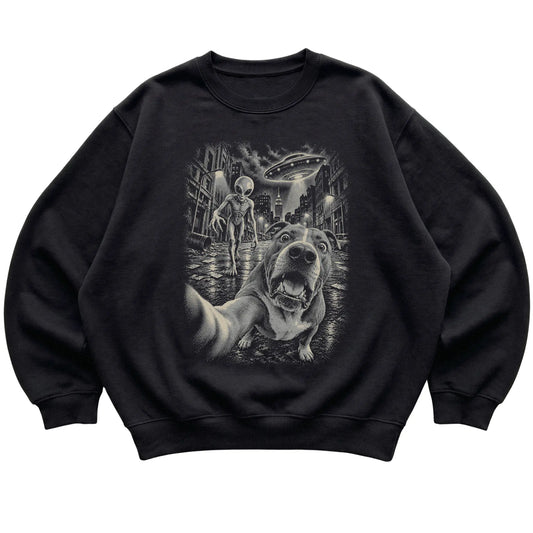 Pitbull Alien Selfie Gildan Crewneck Sweatshirt in Black, flat view