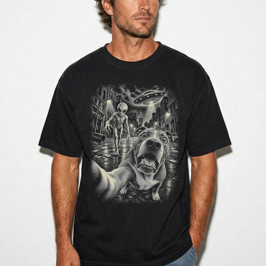 Pitbull Alien Selfie Comfort Colors T-Shirt in Black, modeled view