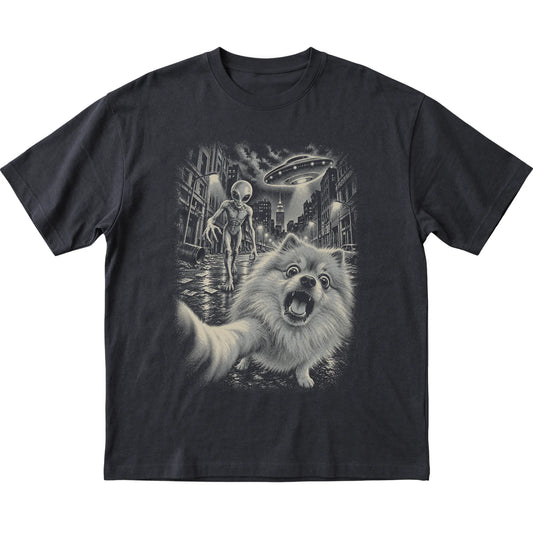 Pomeranian Alien Selfie Gildan Softstyle T-Shirt in Black, flat view