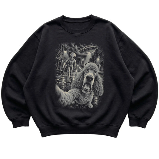 Poodle Alien Selfie Gildan Crewneck Sweatshirt in Black, flat view
