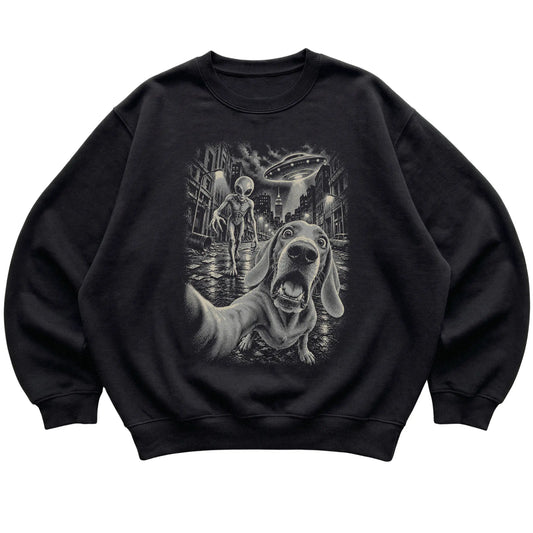 Weimaraner Alien Selfie Gildan Crewneck Sweatshirt in Black, flat view
