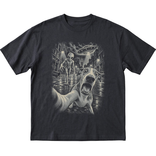 Whippet Alien Selfie Gildan Softstyle T-Shirt in Black, flat view