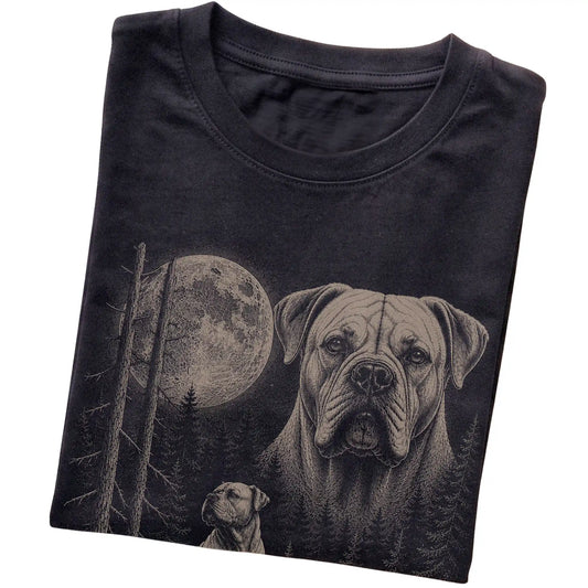 Folded black Softstyle T-shirt showing the American Bulldog Moonlit Forest graphic