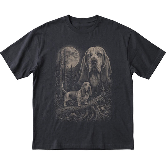 Basset Hound Moonlit Forest graphic on a black Softstyle T-shirt laid flat