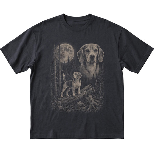 Beagle Moonlit Forest graphic on a black Softstyle T-shirt laid flat