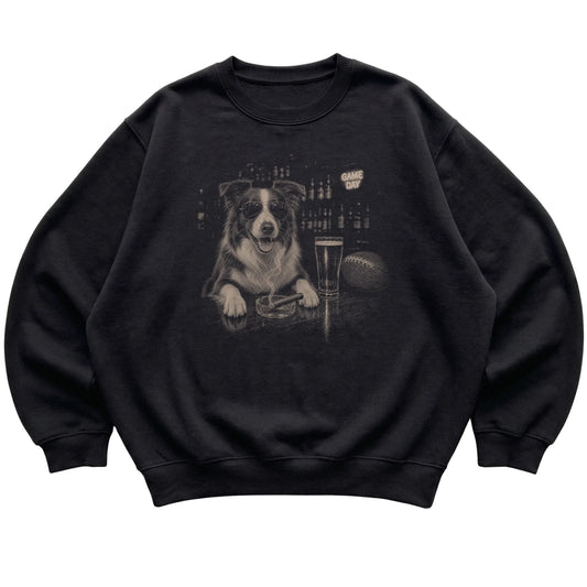 Black Beer and Football Border Collie sweatshirt, laid flat