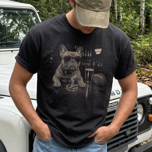 Model wearing a Black Comfort Colors® T-shirt featuring French Bulldog with beer and football graphics