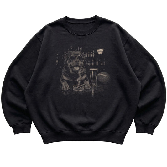 Black Beer and Football Rottweiler sweatshirt, laid flat