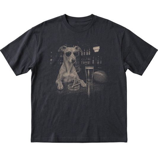 Black Beer and Football Whippet T-shirt, laid flat