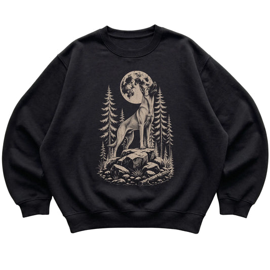 Close view of Belgian Malinois Howling at the Moon artwork on Black crewneck sweatshirt