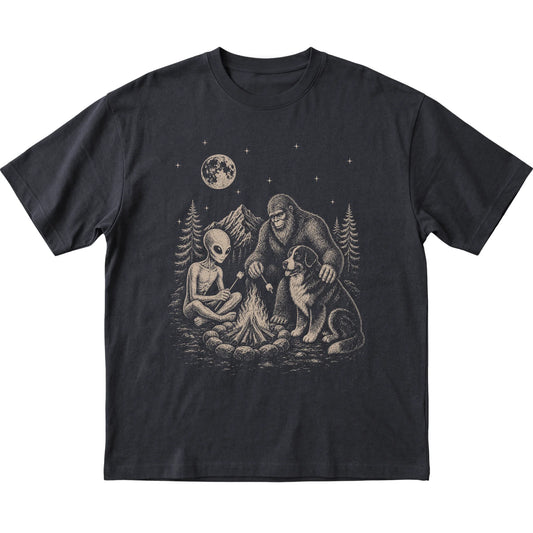 Black Bernese Mountain Dog Camping with Bigfoot and Alien shirt laid flat