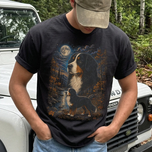 Model wearing a Black Comfort Colors® t-shirt featuring Bernese Mountain Dog in a moonlit fall forest