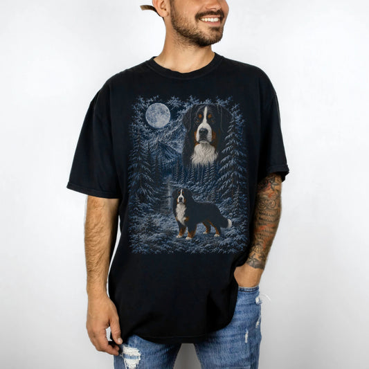 Person wearing a Black Bernese Mountain Dog winter forest t-shirt