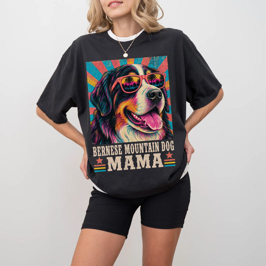 Retro Bernese Mountain Dog Mama design on a Black Comfort Colors T-shirt worn by a model