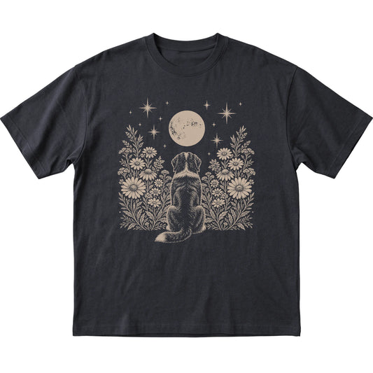 Black T-shirt featuring Wildflower Moon Bernese Mountain Dog, laid-flat presentation