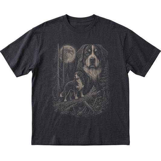 Bernese Mountain Dog Moonlit Forest graphic on a black Softstyle T-shirt laid flat
