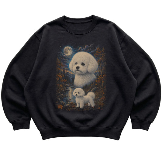 black sweatshirt with Bichon Frise Autumn Moon artwork.