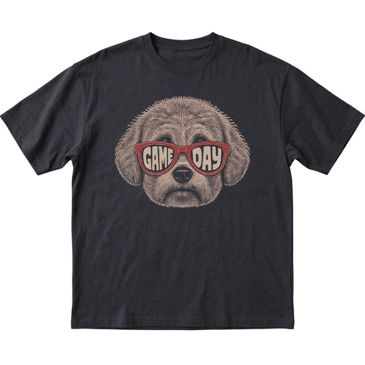 Black Bichon Frise Game Day Sunglasses T-shirt, laid flat