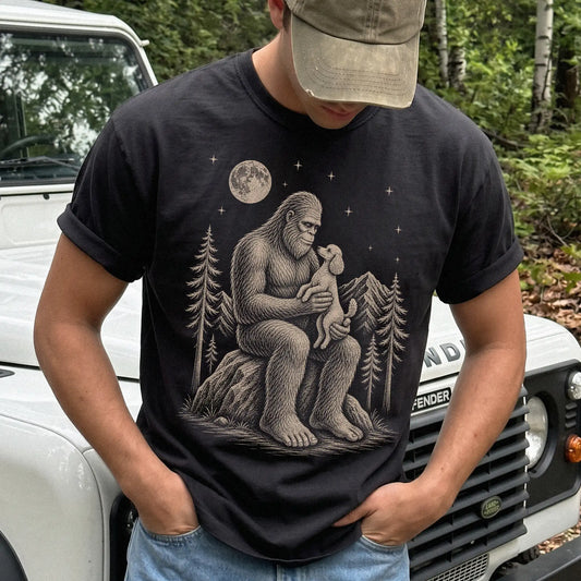 Model wearing a Black Comfort Colors® T-shirt showing Bigfoot holding a Poodle (Miniature)