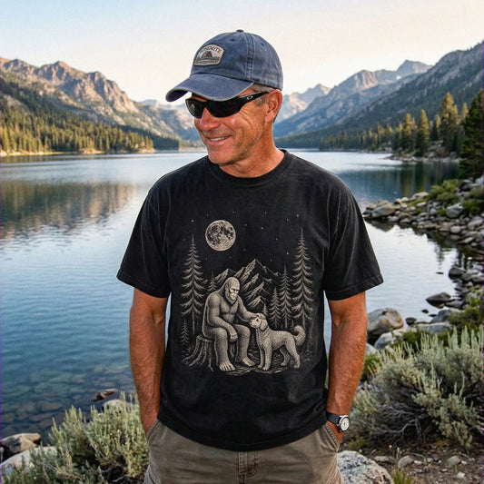 Person wearing the Goldendoodle and Bigfoot T-Shirt in Black