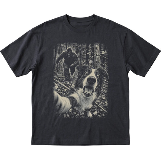 Black Border Collie Bigfoot selfie T-shirt, full garment view