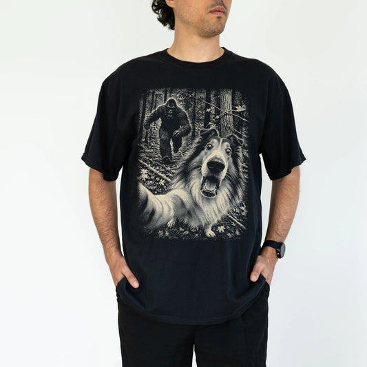 Black Collie Bigfoot selfie T-shirt, worn by a model