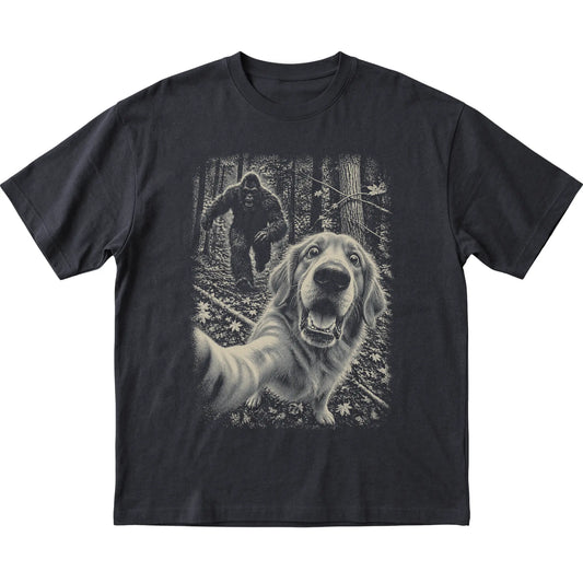Black Golden Retriever Bigfoot selfie T-shirt, full garment view