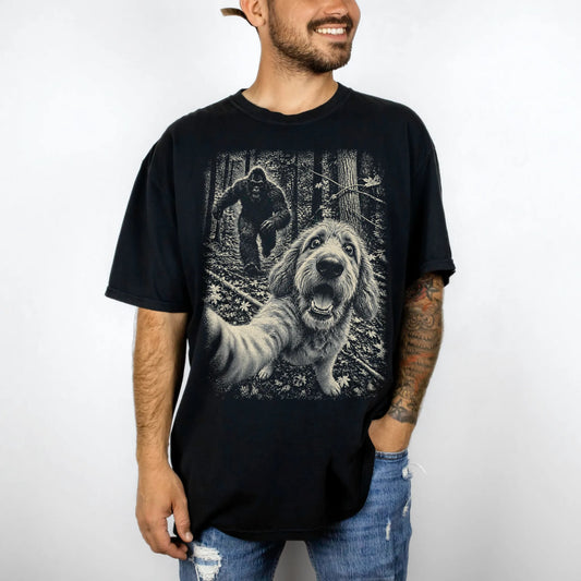 Black Goldendoodle Bigfoot selfie T-shirt, worn by a model