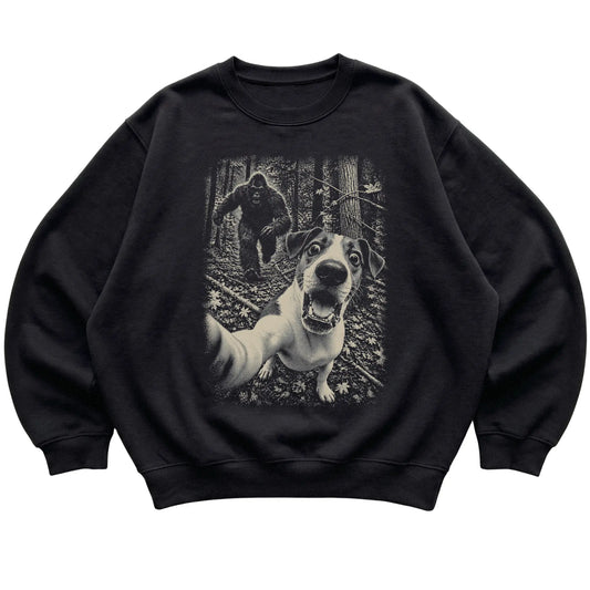 Black Jack Russell Bigfoot selfie sweatshirt, full garment view