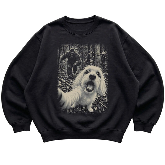Black Maltese Bigfoot selfie sweatshirt, full garment view