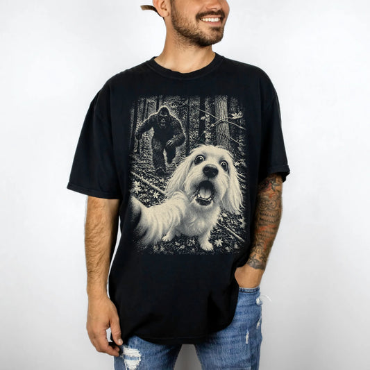 Black Maltese Bigfoot selfie T-shirt, worn by a model
