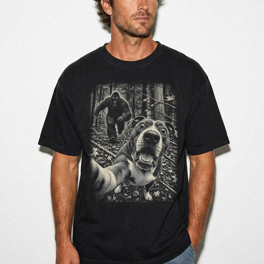 Black Pitbull Bigfoot selfie T-shirt, worn by a model