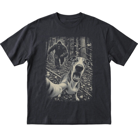 Black Whippet Bigfoot selfie T-shirt, full garment view