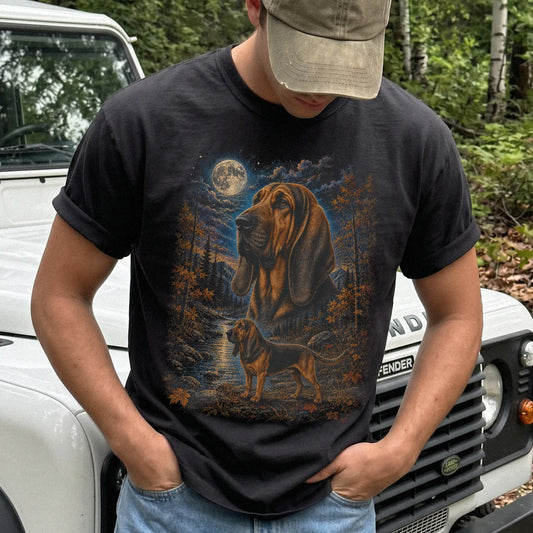Model wearing a black T-shirt with Bloodhound Autumn Moon artwork.