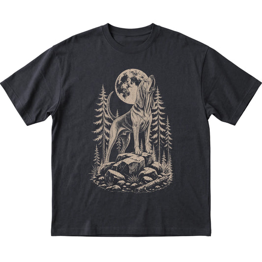 Close view of Bloodhound Howling at the Moon artwork on Black softstyle T-shirt