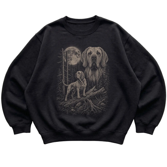 Bloodhound Moonlit Forest graphic on a black crewneck sweatshirt laid flat