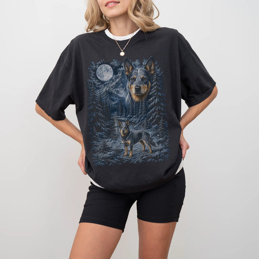Person wearing a Black Blue Heeler winter forest t-shirt