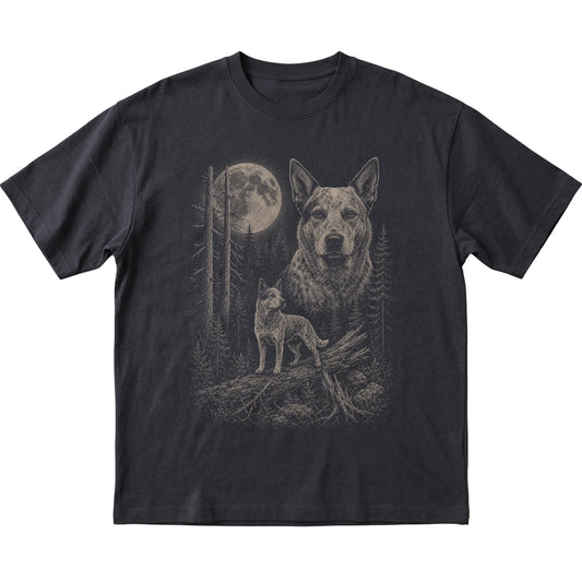Blue Heeler Moonlit Forest graphic on a black Softstyle T-shirt laid flat