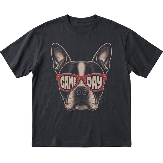 Black Boston Terrier Game Day Sunglasses T-shirt, laid flat