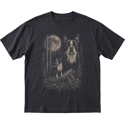 Boston Terrier Moonlit Forest graphic on a black Softstyle T-shirt laid flat