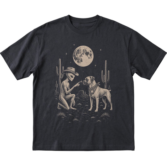 Black T-shirt featuring Boxer Cowboy and Alien, laid-flat presentation