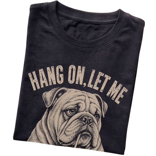 Black T-shirt featuring Overthinking American Bulldog, folded presentation